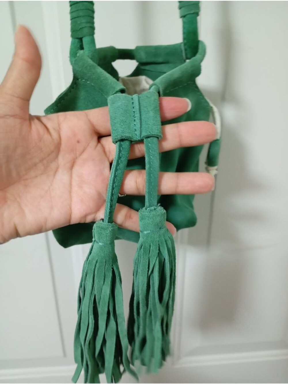 Zara Trafaluc Green Suede Fringe Crossbody Bag Cotton-Linen Drawstring Lining - Picture 9 of 11